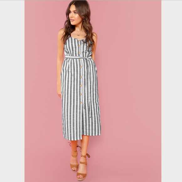 Button Front Vertical Stripe Cami Dress Belted - Picture 4 of 8